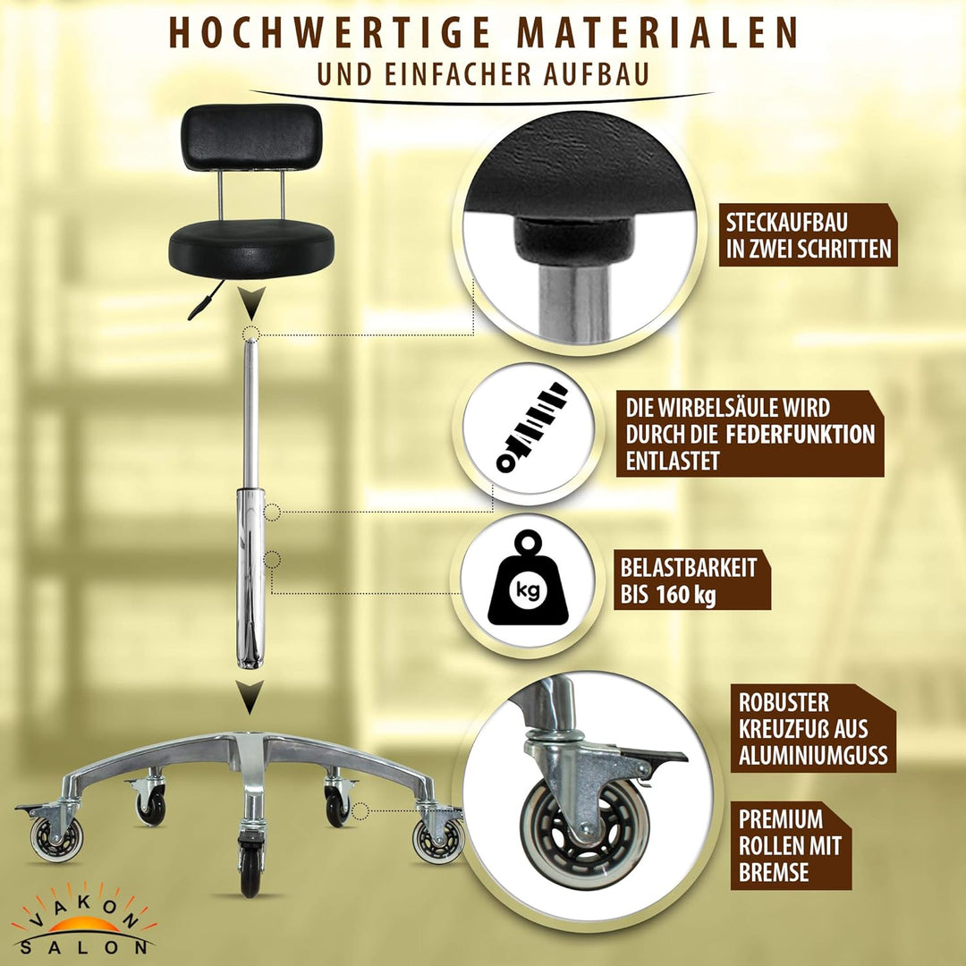 VAKON SALON - Rollhocker mit Lehne hochwertigen Rollen mit Bremse - Höhenverstellbarer erstellbar vo