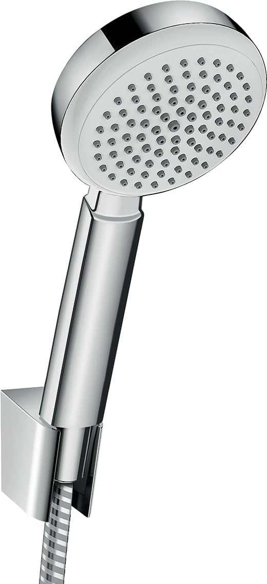 hansgrohe Crometta 100 Duschkopf inkl. Duschkopfhalterung, Weiss/Chrom Set mit Brauseschlauch 1,25m