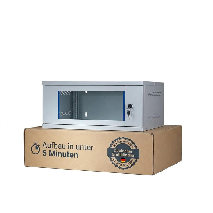 Netzwerkschrank 19 Zoll 4 HE I 400 mm Tiefe I Serverschrank Grau I Wandmontage I abschliessbare Glas