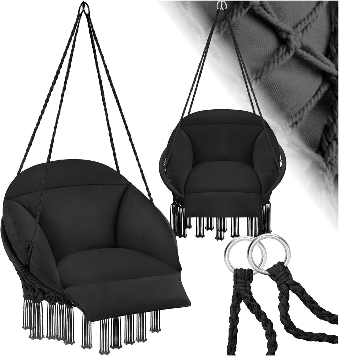 tectake® Hängesessel, Hängeschaukel mit dicken Kissen & Quasten, Boho Hängekorb Ø 80 cm, Hängesessel