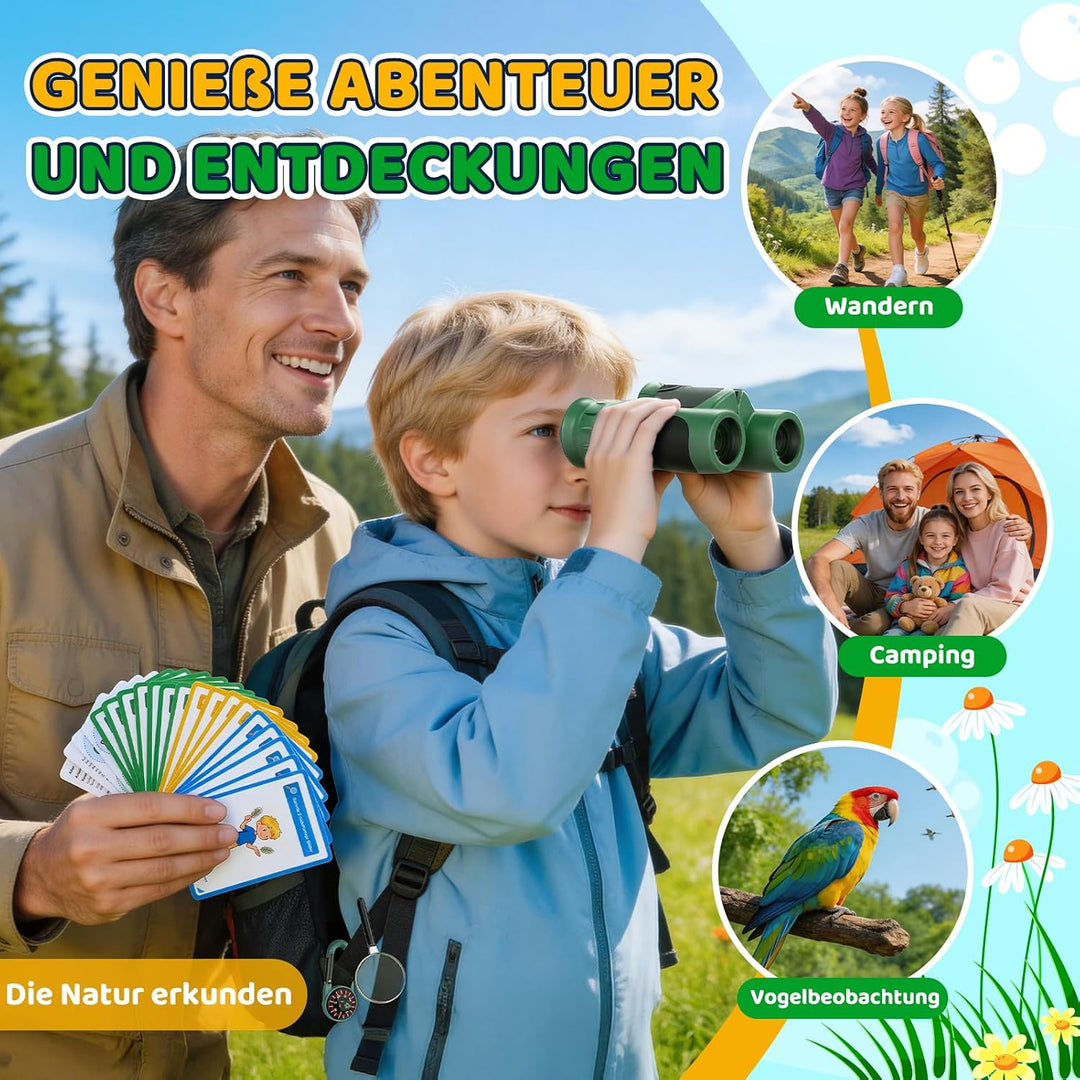 GeschenPark Fernglas Abenteuer Set mit Entdeckungskarten – Kompass – Lupe, Grün 8X-Grün, 8X-Grün