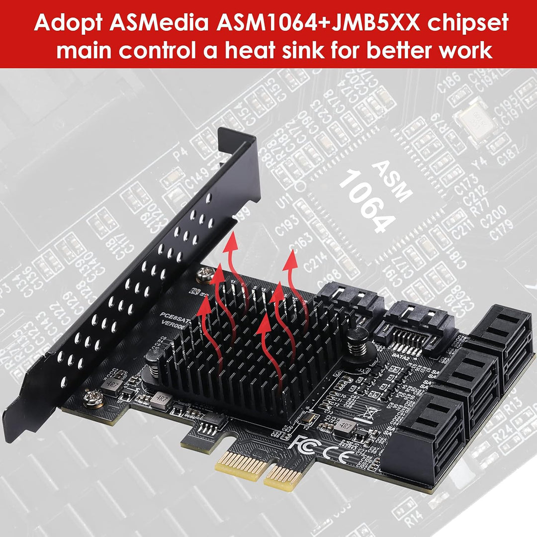MZHOU SATA PCIE Karte,8 SATA Port ASM1064+575 3.0 PCIe Card with 8 SATA Cables 6 Gbit/s Controller E