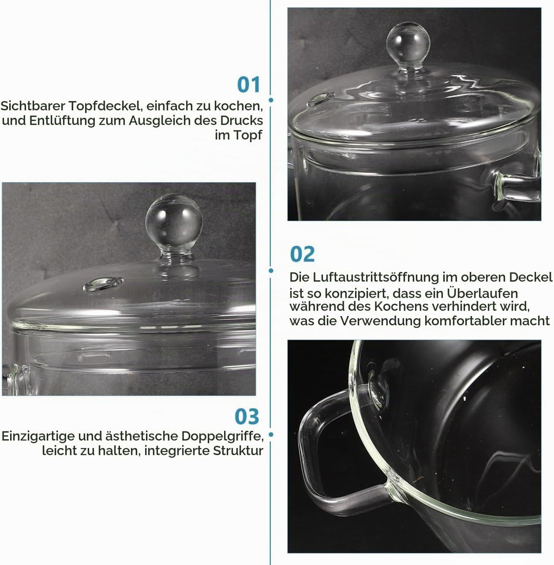 ERINGOGO Glastopf zum Kochen,Hoher Borosilikat- Glas- Suppe Topf Glas Sofortnudel Kochtopf Mit Decke
