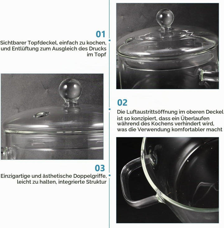 ERINGOGO Glastopf zum Kochen,Hoher Borosilikat- Glas- Suppe Topf Glas Sofortnudel Kochtopf Mit Decke