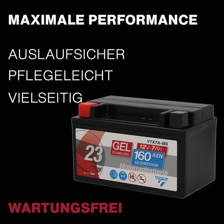 CARTEC Motorradbatterie YTX7A-BS, 6Ah, 90A, Gel Technologie Motorrad-Starter-Batterie, Erstausrüster