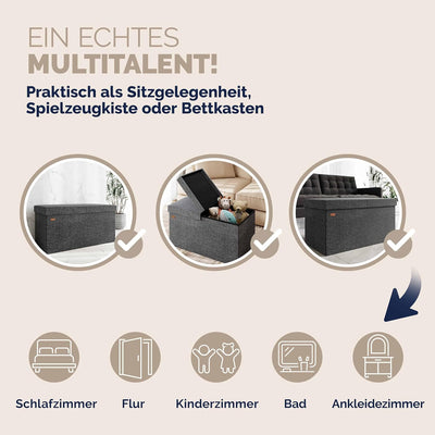Casaria® Sitzbank mit Stauraum 80x40x40cm Dunkelgrau Deckel Klappbar Gepolstert Faltbar 100L Stoff S