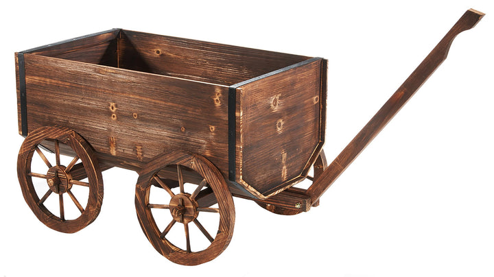 Kobolo Holzwagen Jakob | 69x40x70 cm | braun | rustikaler Pflanzwagen aus Tannenholz mit Griff & Räd