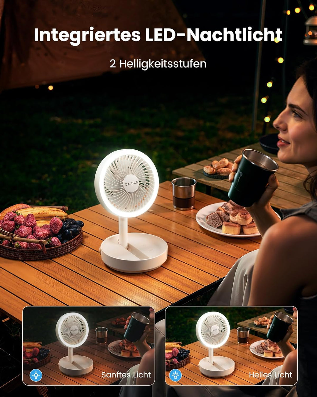 Gaiatop Faltbare Tischventilator Tragbarer Ventilator, 6000mAh Akku Ventilator mit Nachtlicht, 17CM