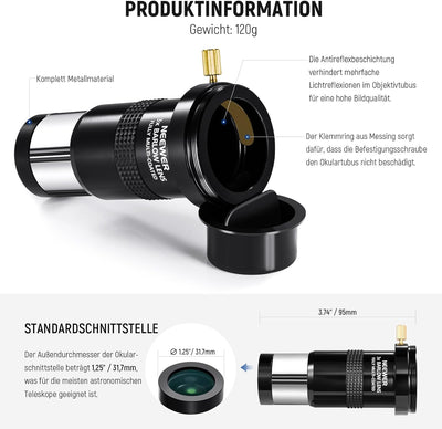 NEEWER 3X Barlow Objektiv für 1,25" Teleskop Okular, mehrfach beschichtetes Teleskopobjektiv Zubehör