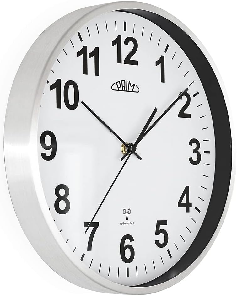 PRIM Design Radio Control Funk Wanduhr, Weiss/Silber, funkgesteuert aus Metall, Funkwanduhr Modern,