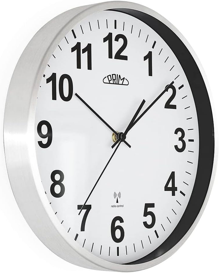 PRIM Design Radio Control Funk Wanduhr, Weiss/Silber, funkgesteuert aus Metall, Funkwanduhr Modern,