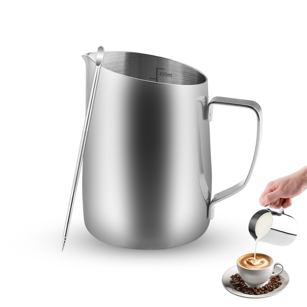 Milchkännchen 450ml Milk Pitcher Edelstahl mit Messmarken und Latte Art Pen Ideal für Cappuccino Lat