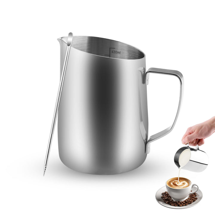 Milchkännchen 450ml Milk Pitcher Edelstahl mit Messmarken und Latte Art Pen Ideal für Cappuccino Lat