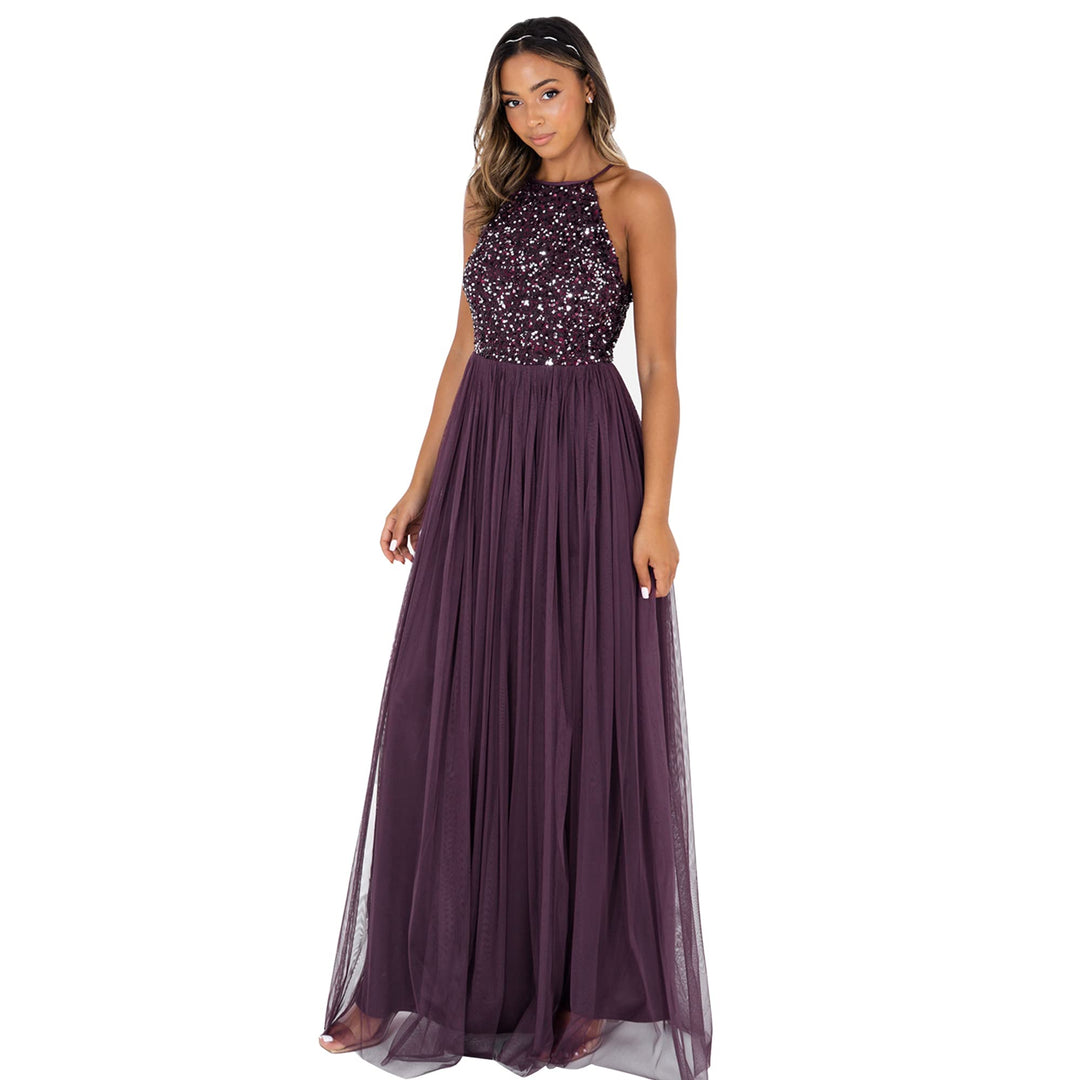 Maya Deluxe Damen Maxikleid Brautjungfer Neckholder Pailletten Verziert Abschlussball Hochzeit Dleid