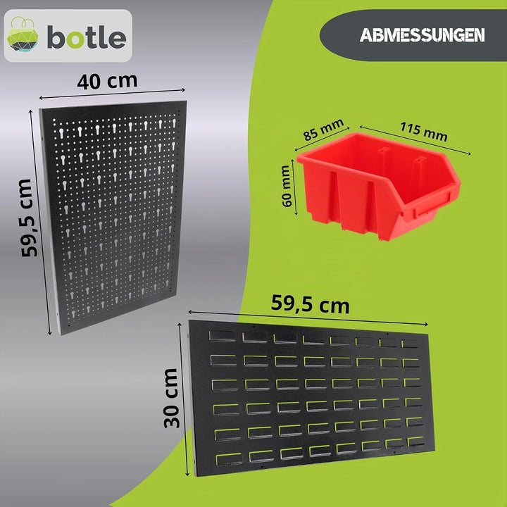 botle® Werkzeugwand Lochwand aus Metall, Stapelboxen + Wandregal + Werkzeughalter 63-tlg Set, Kleint