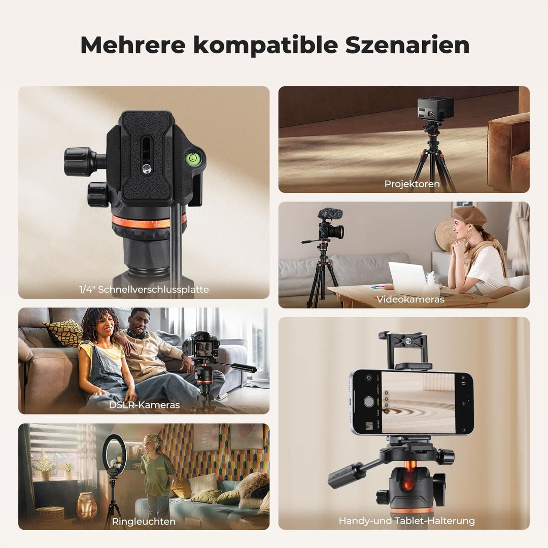 K&F CONCEPT 182CM Stativ Kamera mit Griff und Neigungsbegrenzer, Kamerastativ aus Aluminium Tripod f