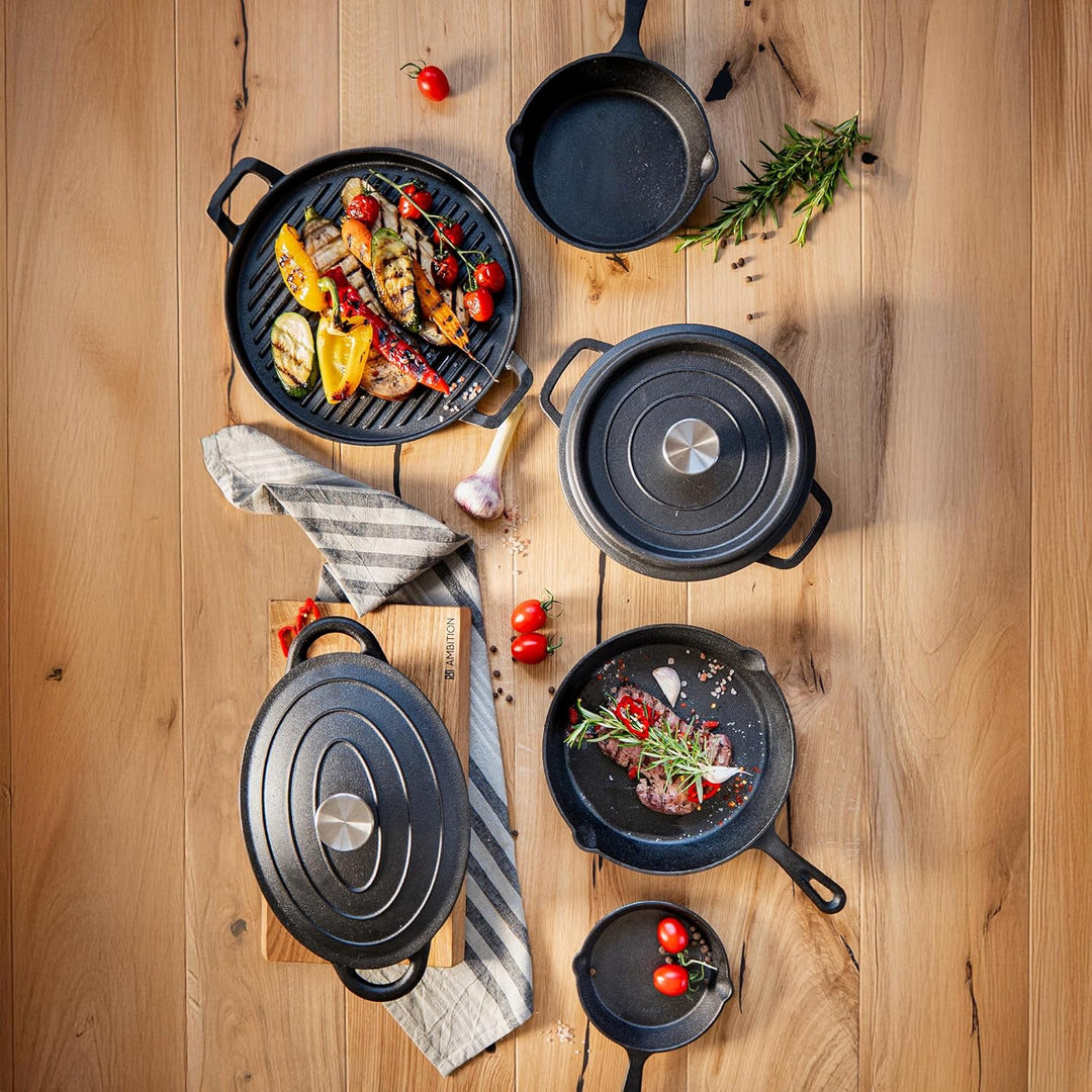 AMBITION Gusseisen Topf mit Deckel ofenfest 20 cm Iron 2,2 L Schmortopf Induktion alle Herdarten