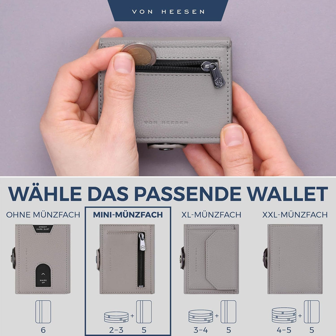 VON HEESEN Slim Wallet mit Münzfach & RFID Schutz - Leder Geldbörse Herren klein - Mini Geldbeutel D