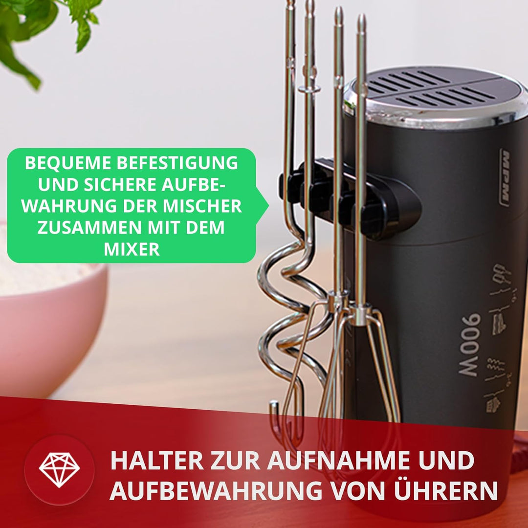 MPM Handmixer mit 2 Rührbesen und 2 Knethaken - 6 Geschwindigkeiten mit Turbotaste - 900 W - Anthraz