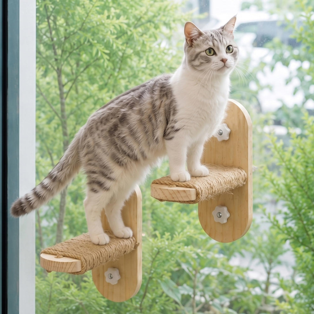 PETKARAY Grosse Katzen-Fensterstufe, Verbesserte Fenster-Treppe für Wohnungskatzen, Stabile Holzstuf