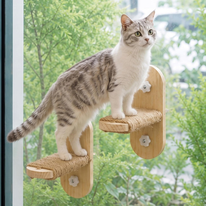 PETKARAY Grosse Katzen-Fensterstufe, Verbesserte Fenster-Treppe für Wohnungskatzen, Stabile Holzstuf