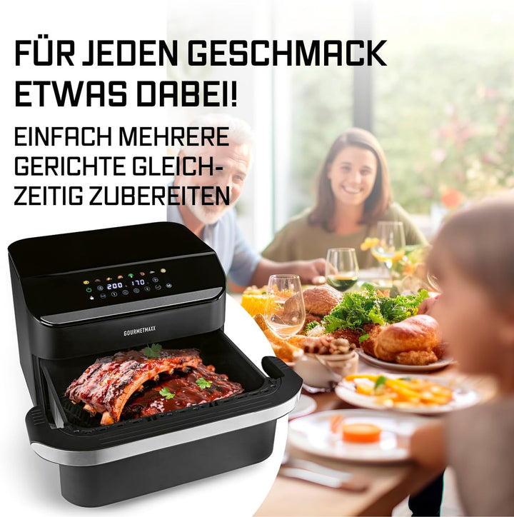 GOURMETmaxx Heissluftfritteuse, 10 L - 2 x 5 L Airfryer Vario-Kammer | Fritteuse mit 8 Programmen &amp;