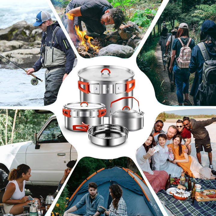 Camping Kochgeschirr Set,Camping Koch Set,304 Edelstahl Campingtöpfe und Pfannen Set,Campinggeräte f