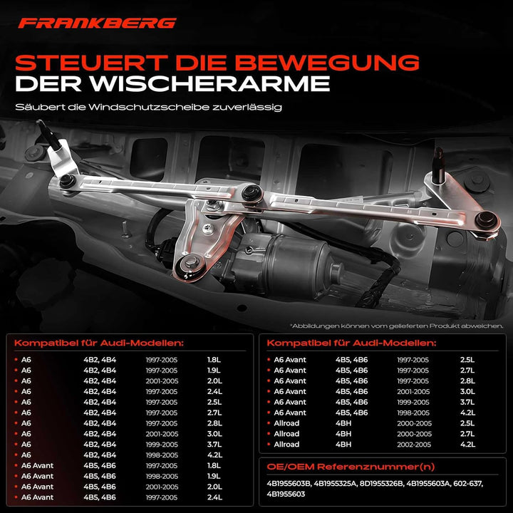 Frankberg 1x Scheibenwischer Wischergestänge ohne Motor Vorne Kompatibel mit A6 4B2 C5 1.8L-4.2L 199