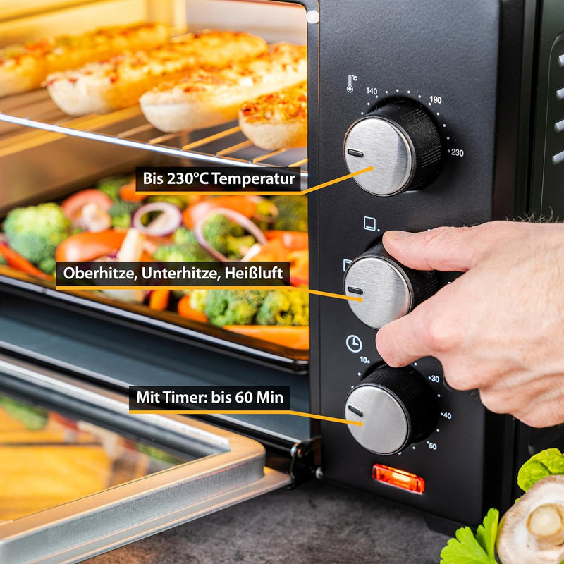 TZS First Austria - 30 Liter Minibackofen mit 1600 Watt schwarz| Unter-Oberhitze bis 230 Grad stufen