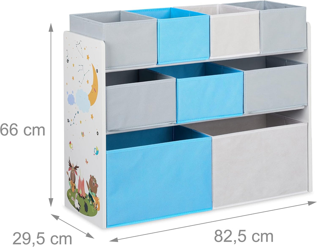 Relaxdays Kinderregal mit 9 Stoffboxen, Lagerfeuer Kindermotiv, Spielzeugregal Organizer HBT 66 x 82