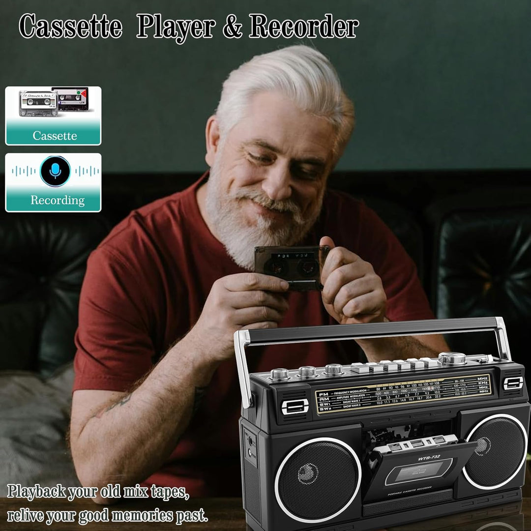 Retro-Classic-Portable-Boombox im 80er-Jahre-Stil mit Kassettenrecorder, AM/FM/SW1/SW2-Radio, Blueto