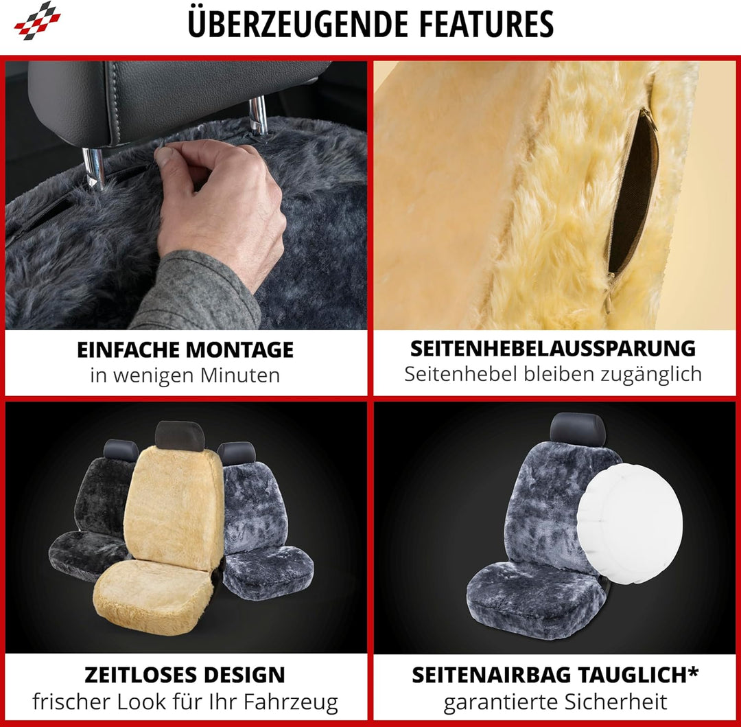 Walser Lammfell Autositzbezug Nineve, 100% Lammfell Sitzbezug für Auto, 1 Stück Lammfell Sitzbezüge
