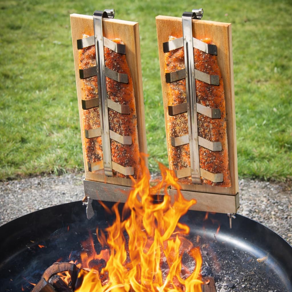 Flammlachsbretter 2er Set – Tannenholz Räucherbrett mit Edelstahl-Halterung (5-Fach verstellbar) – i
