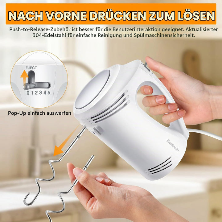 Kestreln Handmixer 350 Watt, 5 Geschwindigkeiten, Edelstahl Schneebesen &amp; Knethaken, ergonomischer G