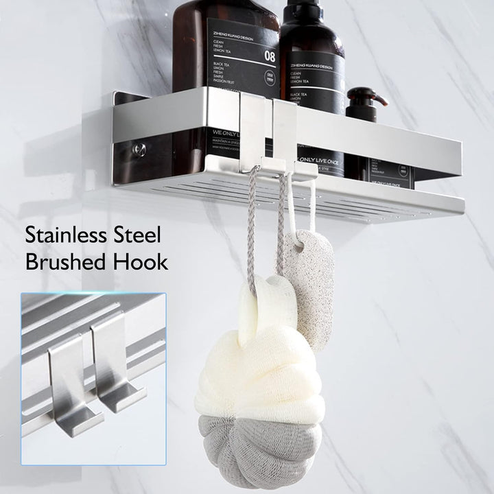 Duschablage Ohne Bohren, Duschregal Wandmontage Selbstklebend Edelstahl, Duschkorb mit 2 Haken, Geei