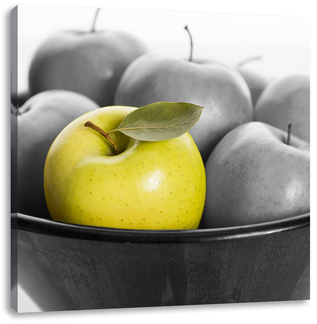 Pixxprint Apple Apfel Korb mit grünen Äpfeln schwarz/weiss, Format: 70x70 auf Leinwand, 70x70