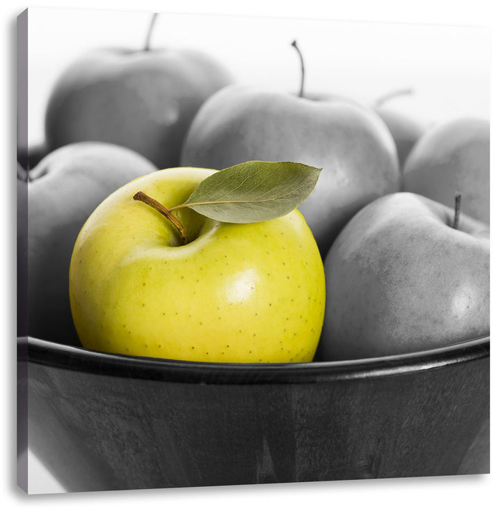 Pixxprint Apple Apfel Korb mit grünen Äpfeln schwarz/weiss, Format: 70x70 auf Leinwand, 70x70
