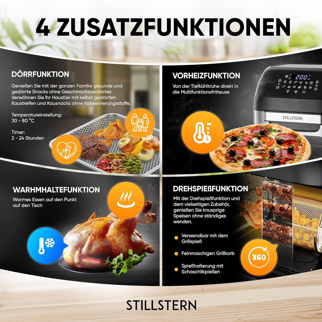 Stillstern Heissluftfritteuse 12L mit LED-Touchscreen, 120 Rezepte auf Deutsch, 12 Programme, Vorhei
