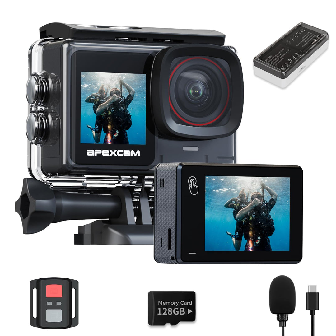 Apexcam X80Pro mit 128G Karte Action Cam 4K60FPS 48MP mit Doppelbildschirme EIS Stabilisierung WiFi