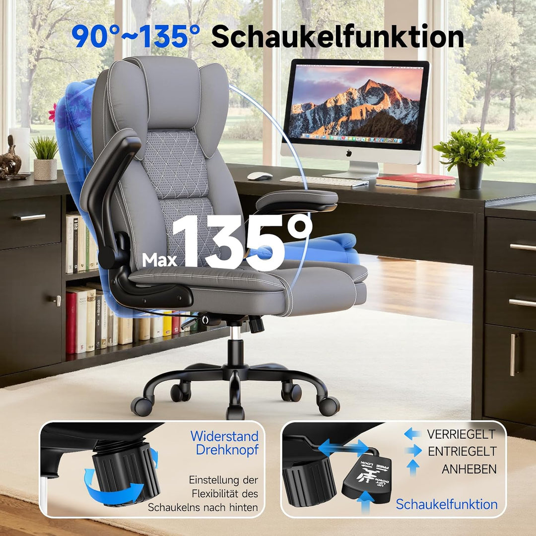 rattantree Bürostuhl, Grosser Ergonomischer Bürostuhl mit Verstellbarer Lendenwirbelstütze, PU Leder