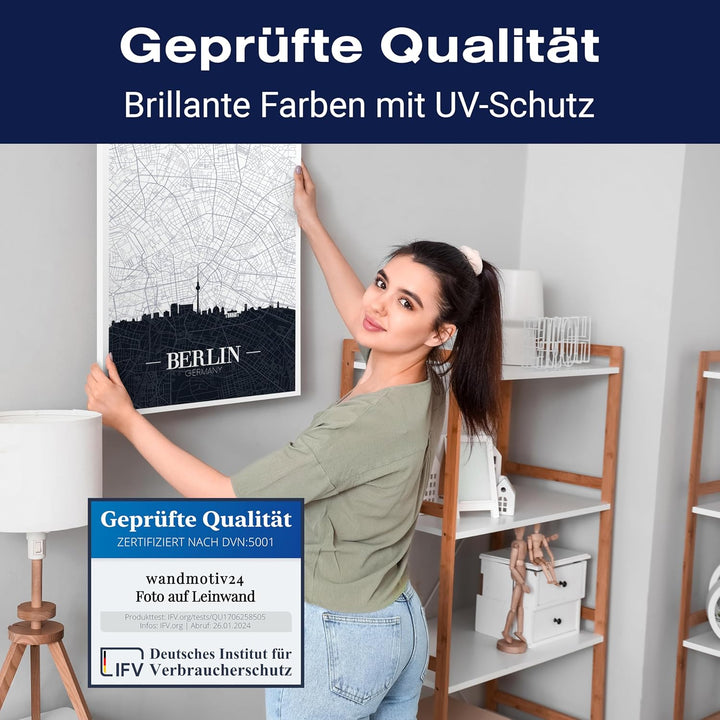 wandmotiv24 Stadt Karte als Leinwandbild, 60x45cm, Hochformat, Berlin, Deutschland, Hauptstadt, BLN,