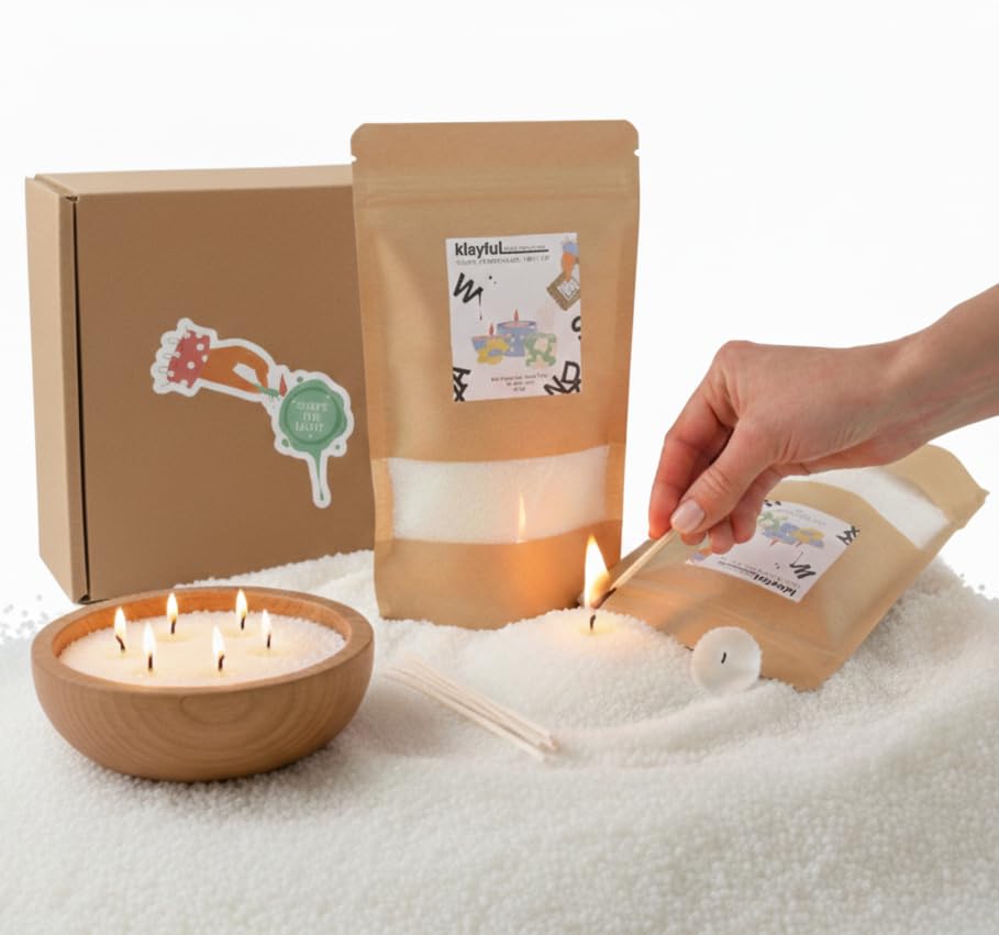KLAYFUL Kerzensand mit Docht 400g Kerzenwachs Perlen aus pflanzlichem Wachs – Einfaches Candle Makin