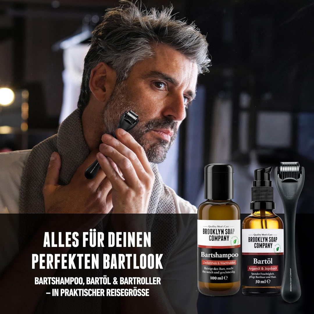 Brooklyn Soap Company Bartpflege Set für Männer - Mit Bartroller, Bartöl & Bartshampoo - Geschenk fü