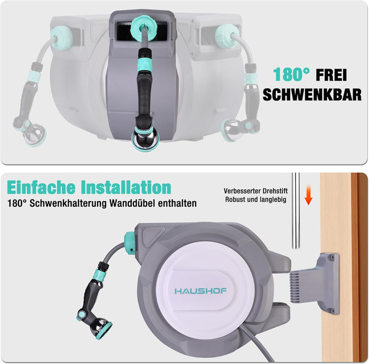 HAUSHOF Schlauchtrommel 30+2m Gartenschlauchaufroller mit 180° Schwenkbarer Wandhalterung und 10 Spr