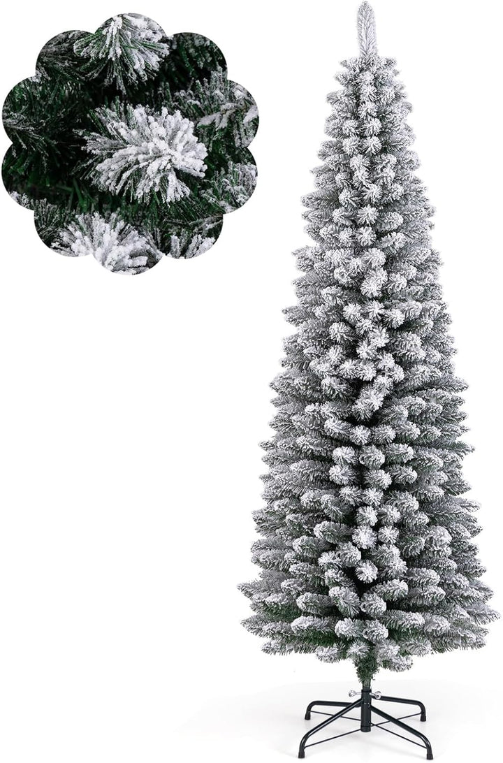 COSTWAY Künstlicher Weihnachtsbaum mit Schnee, 180 cm Bleistift Tannenbaum mit 460 Zweigspitzen & kl