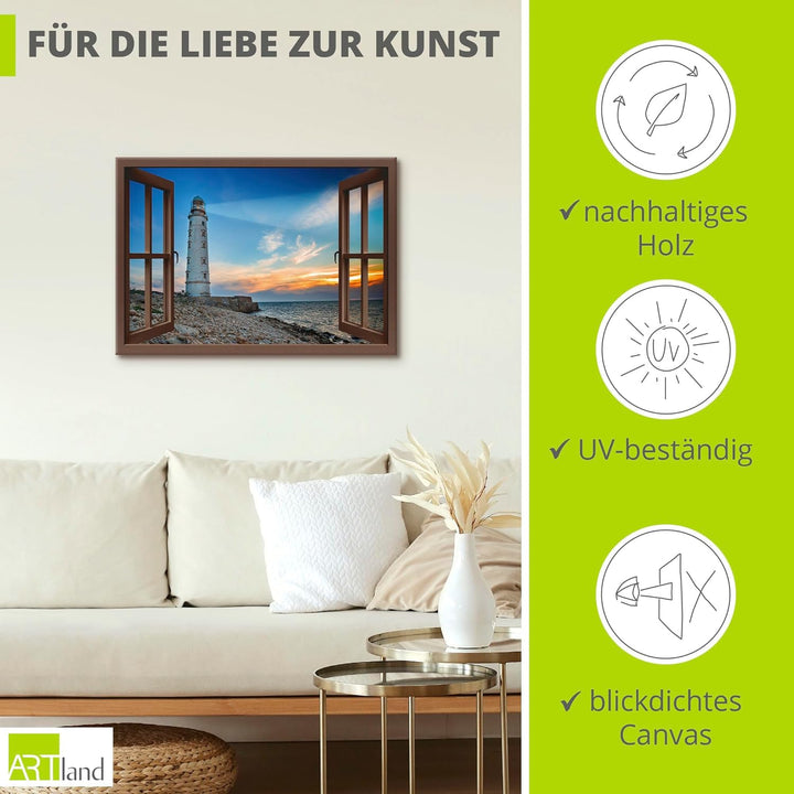 ARTland Leinwandbilder Wandbild Bild Leinwand 100x70 cm Strand Meer Leuchtturm Küste Sonnenuntergang