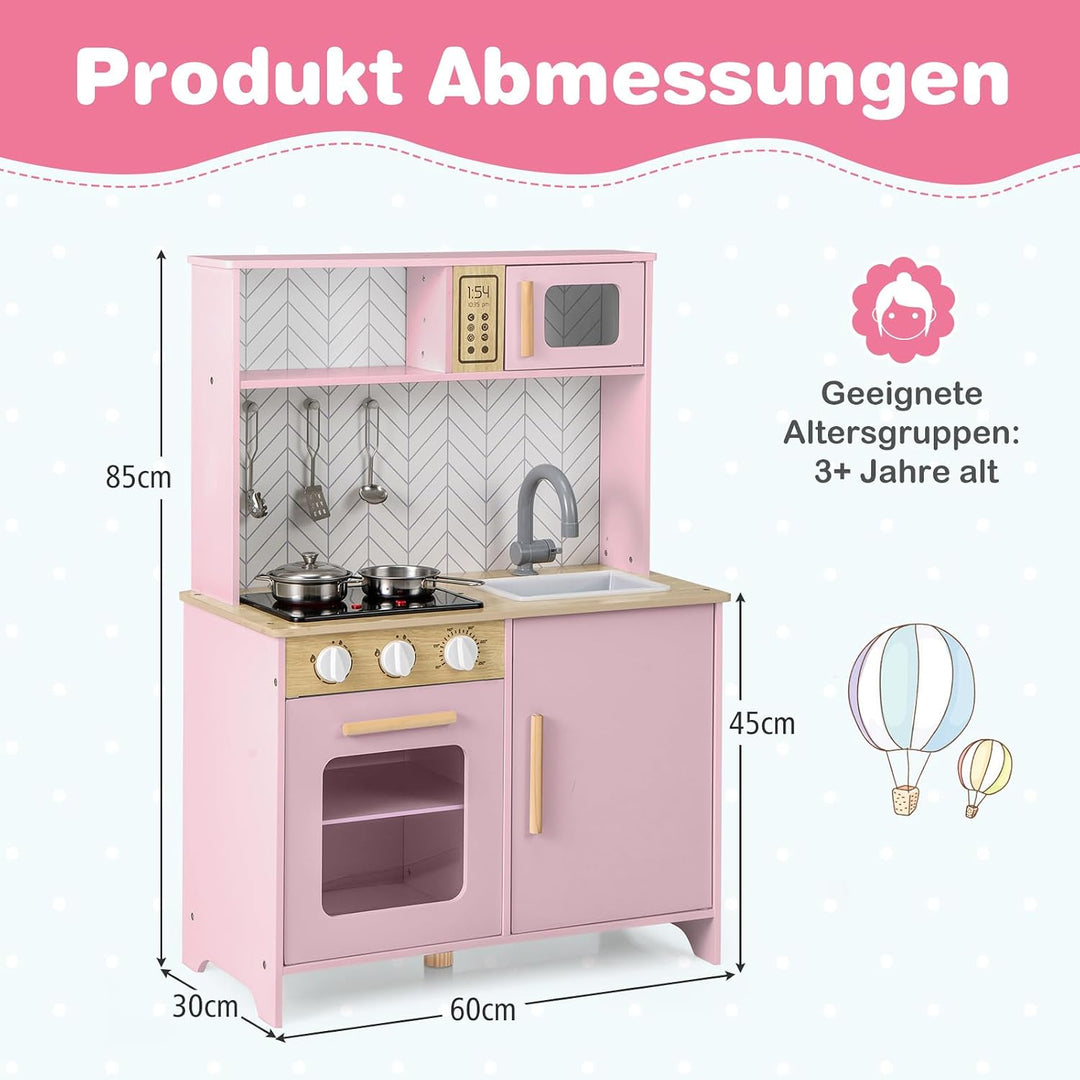 DREAMADE Kinderküche Holz mit Zubehör, Holzküche Mini Küche Kinder Küche mit Herd Ofen Waschbecken,