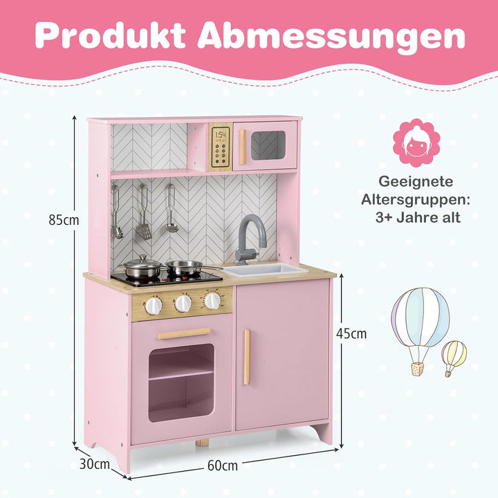 DREAMADE Kinderküche Holz mit Zubehör, Holzküche Mini Küche Kinder Küche mit Herd Ofen Waschbecken,