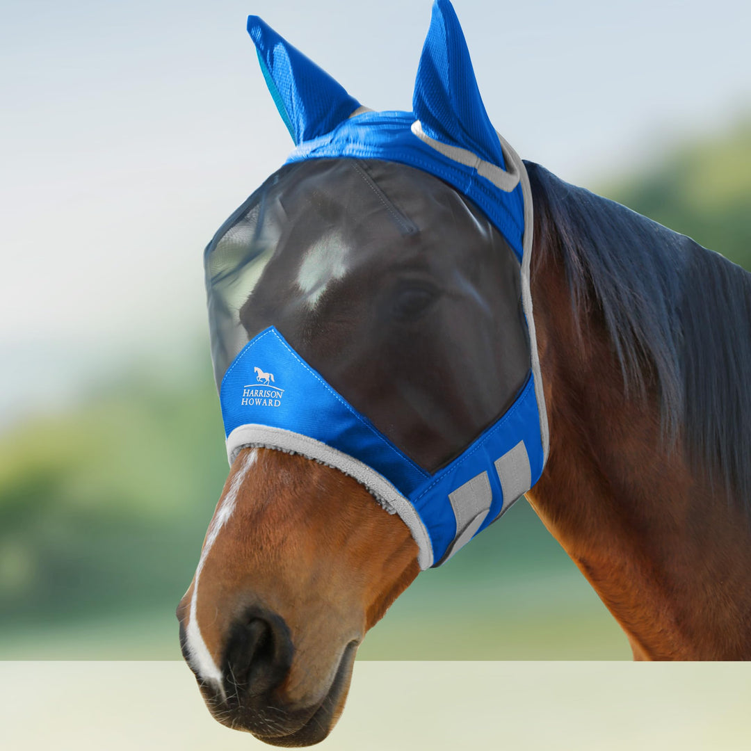 CareMaster Pro Leuchtendes Pferde Fliegenmaske Standard mit UV-Schutzohren für Pferde-Signature Blue