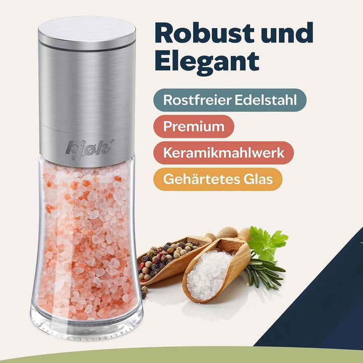 kjøk Premium Salz und Pfeffermühle Edelstahl gebürstet, Glas und BPA - 2er Set Gewürzmühle mit Keram